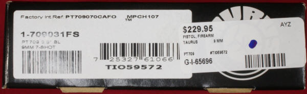 Taurus 709 Slim Pistol Label